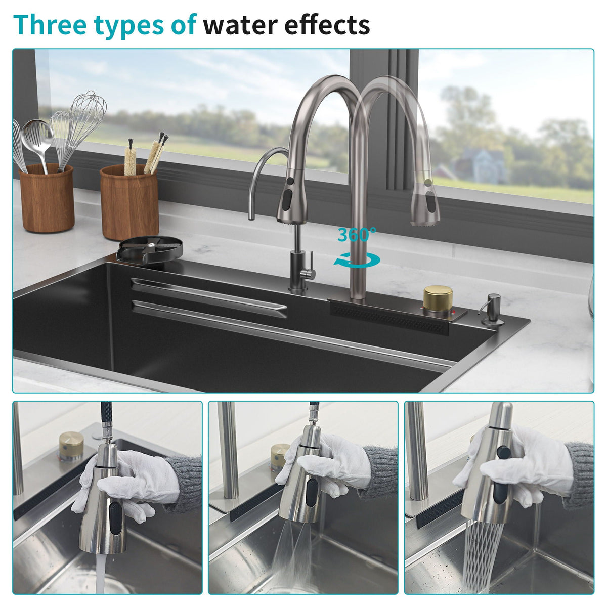 Waterfall Kitchen Sink With Pull Out Faucet & Cup Washer