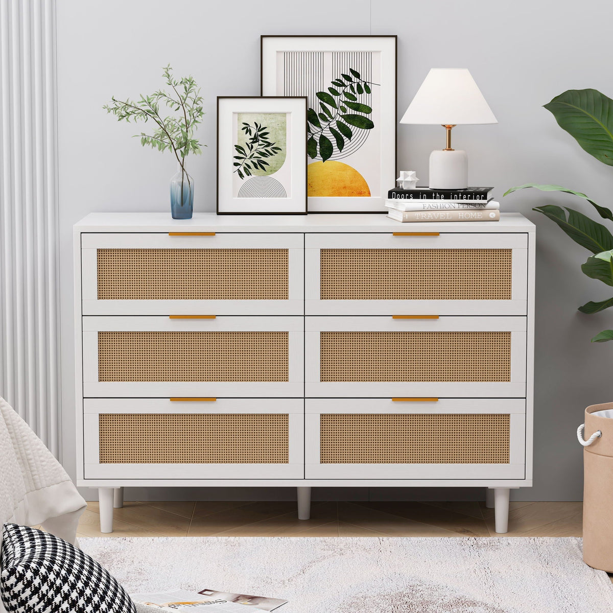 6 Drawer Storage Cabinet with Modern Rattan Drawers - Light Brown, Black, or White