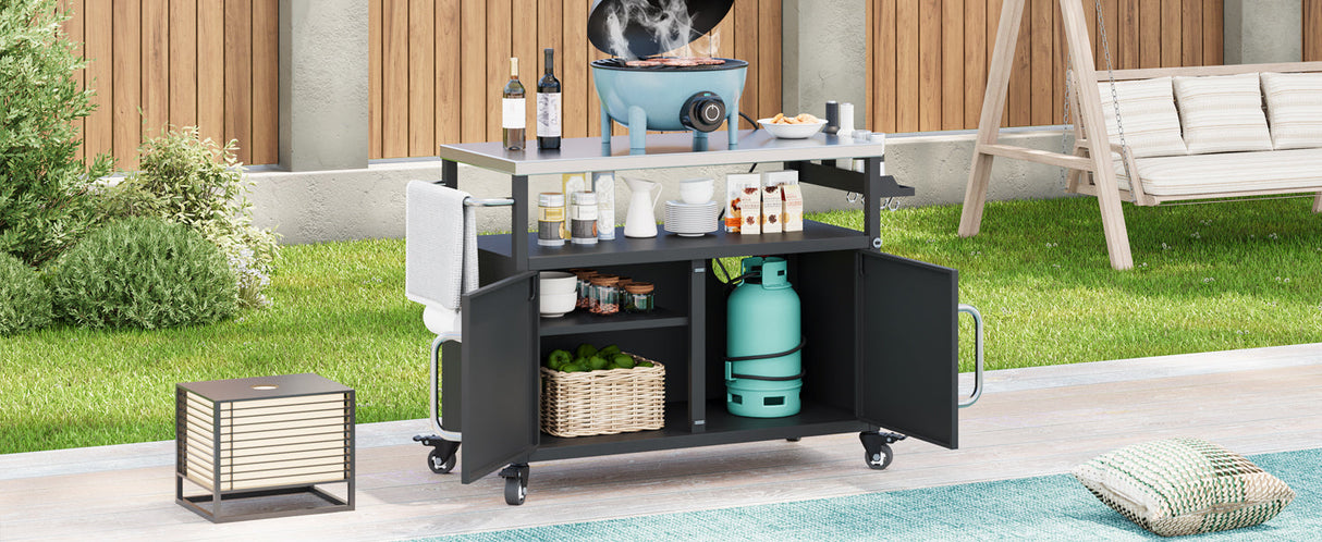 K&K 54.5' Outdoor Kitchen Island with Stainless Steel Tabletop and Storage