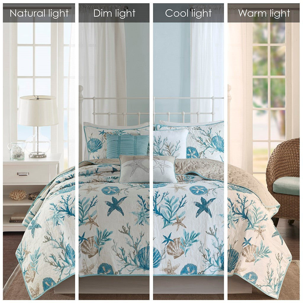 Aqua Cotton Sateen Quilt Set with Throw Pillows - King/Cal King