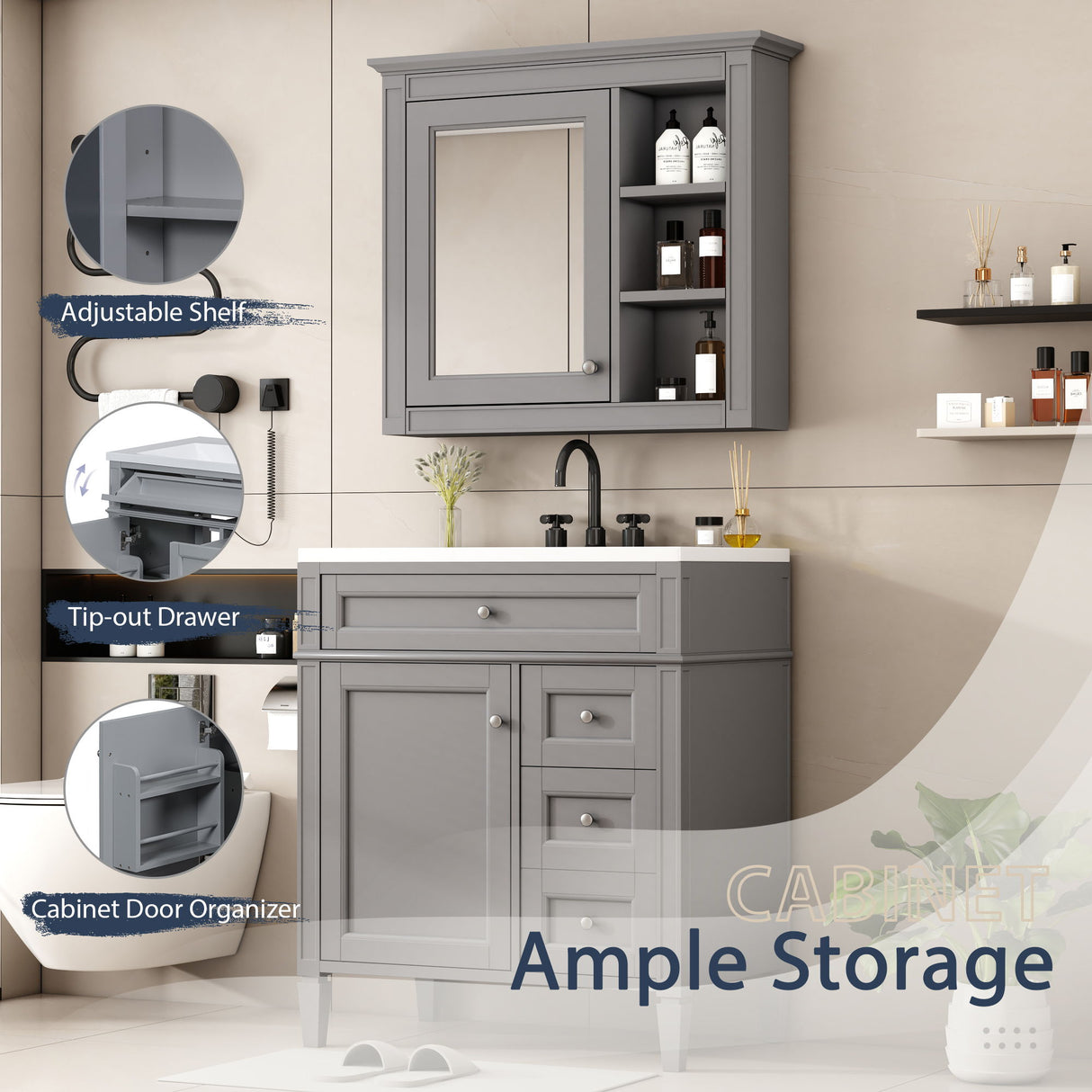 Bathroom Vanity With Top Sink, 2 Doors And 3 Drawers, Freestanding Set With Mirror Cabinet