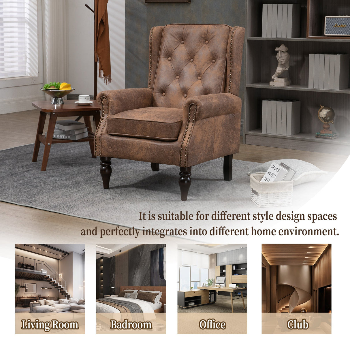 Modern Coffee Wood Frame Armchair with Microsuede Upholstery