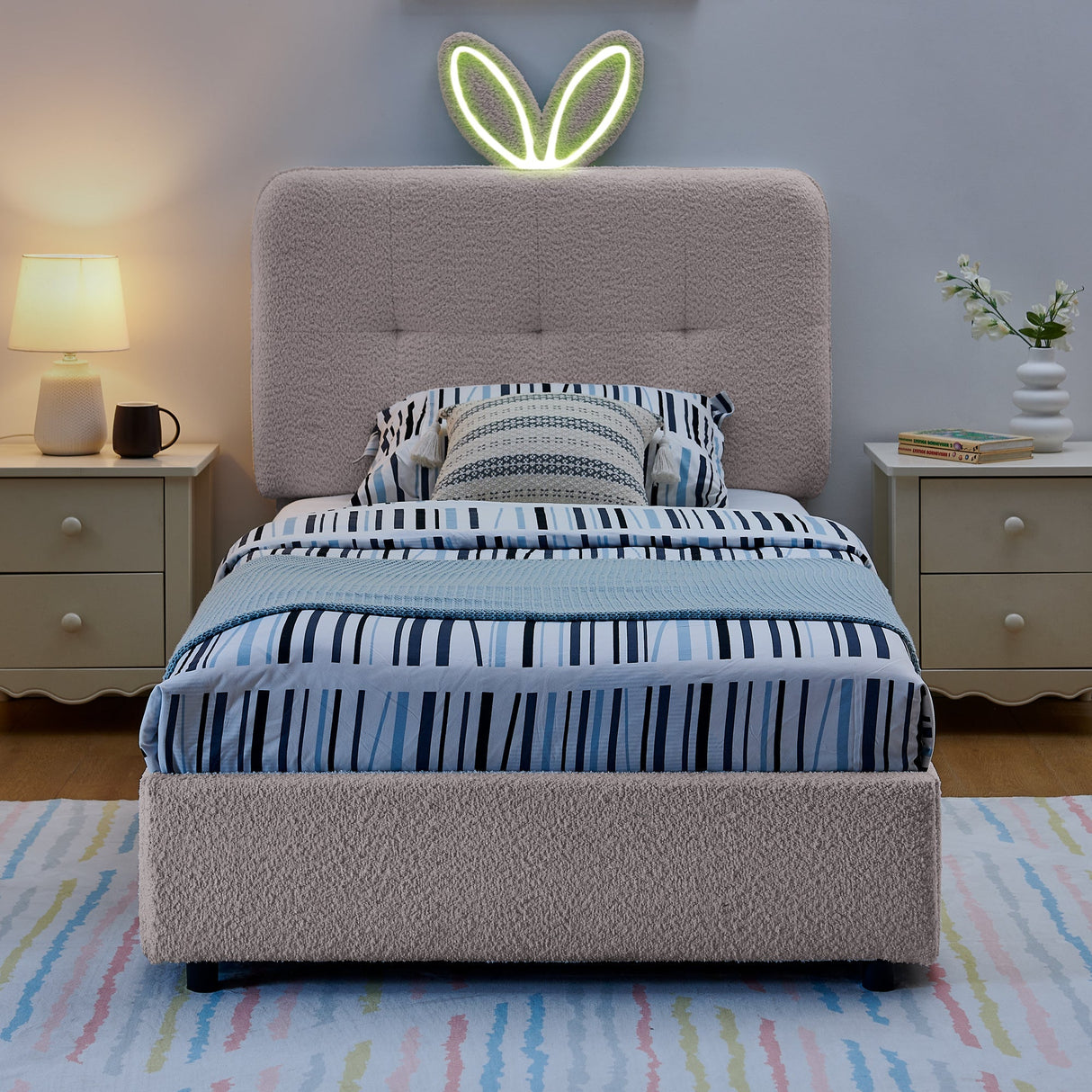 Twin Size Kids Upholstered Bed with Oversized Rabbit Ear Headboard, LED Light & 4 Storage Drawers, Boucle Fabric (79.5''X40.75''X41'')