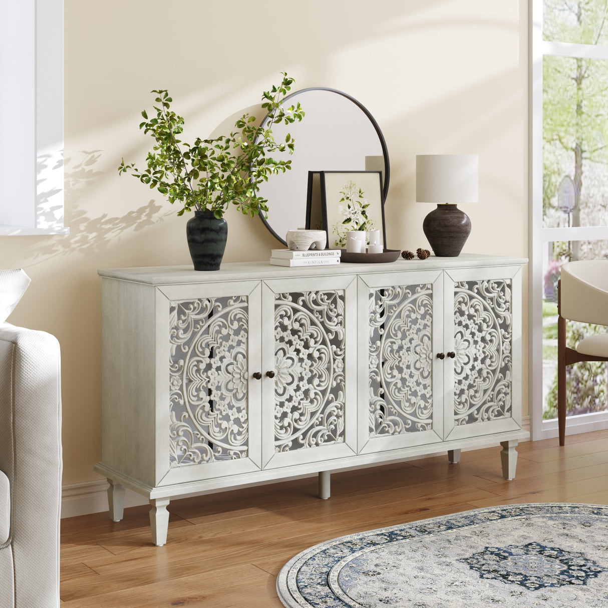 60" Antique Buffet Cabinet with Floral Carvings and Solid Wood Legs