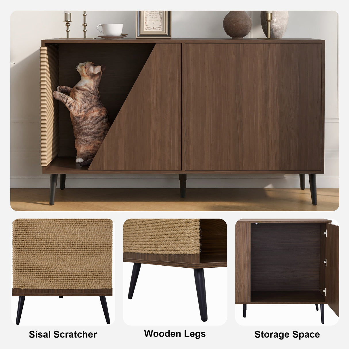 Cat Furniture 2 In 1 Modern Walnut Cabinet Side Table With Spring-Loaded Door