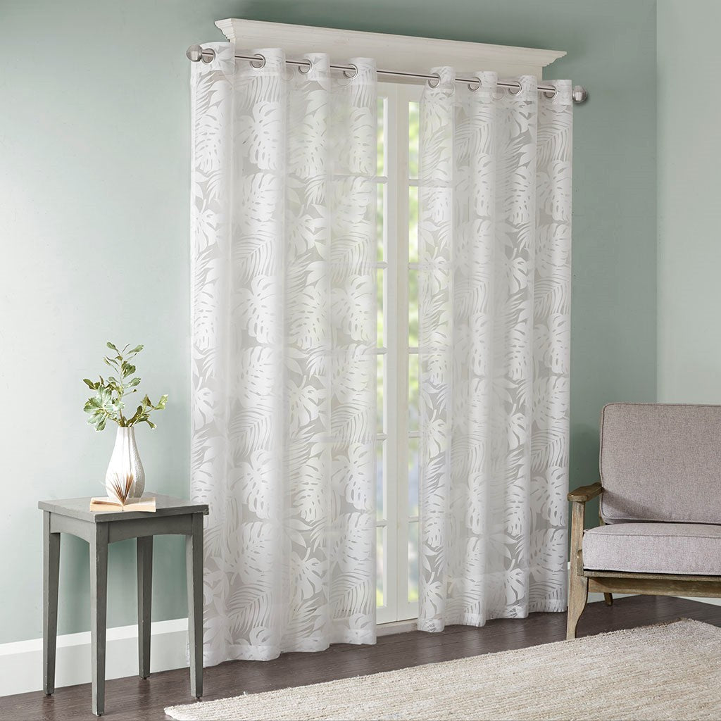 Palm Leaf Burnout White Sheer Window Curtain 50x95