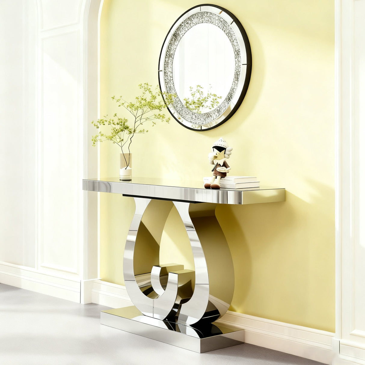 Modern Mirror Side Table with Double C-Shape Base