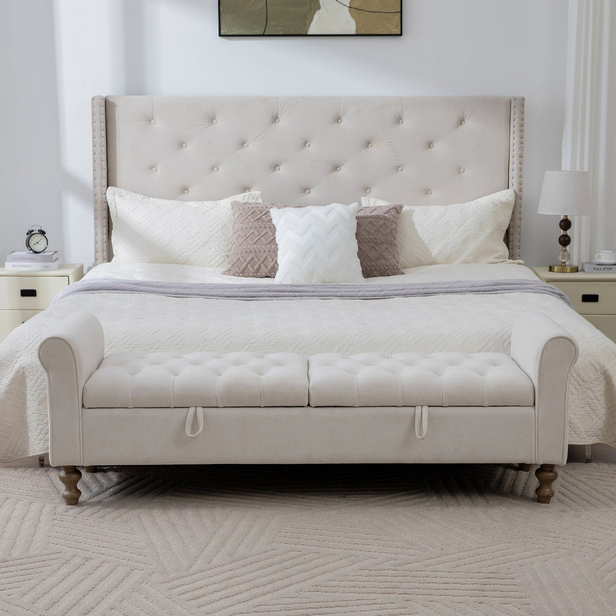 Modern Upholstered Storage Bench With Double Lids