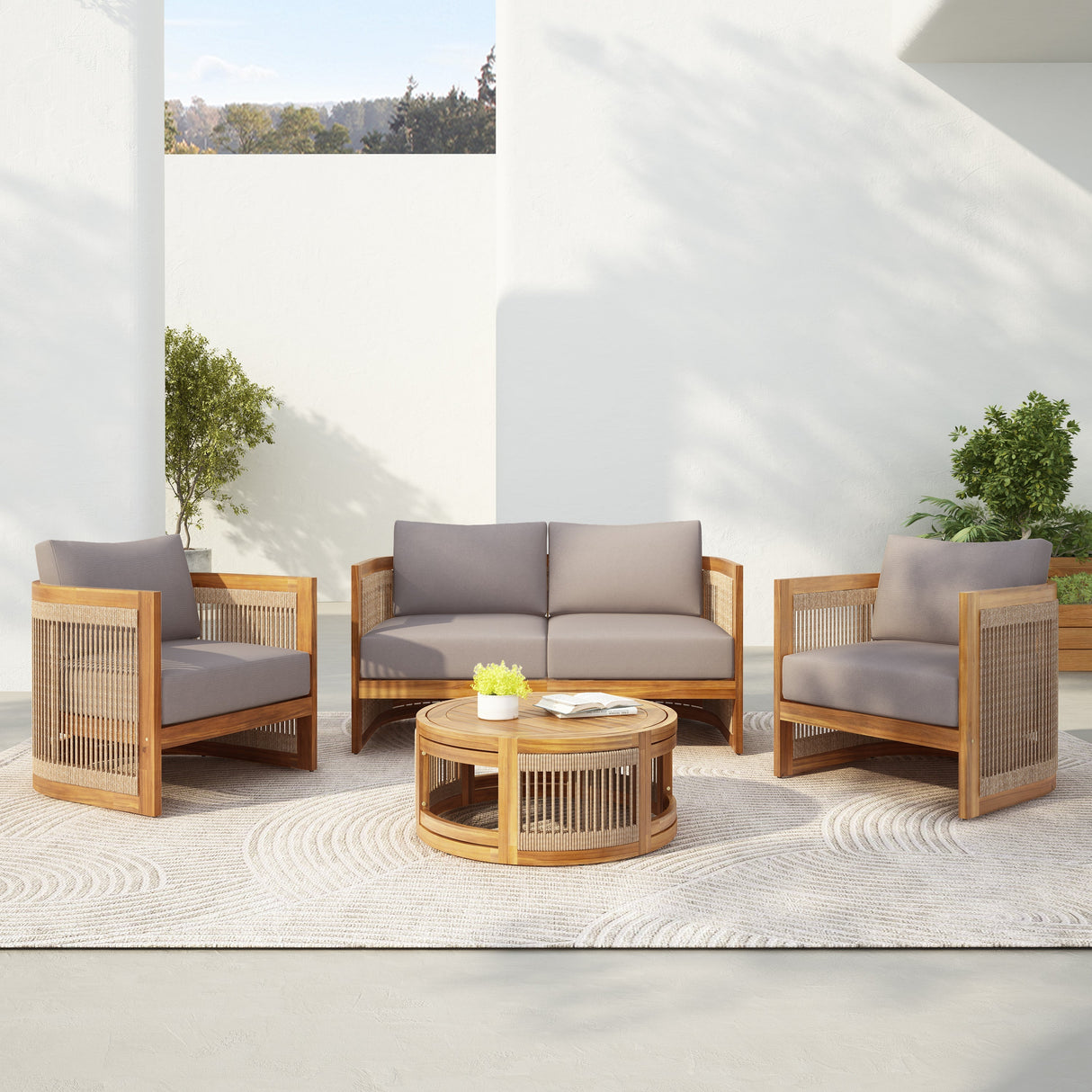 4-Piece Patio Seating Group with Acacia Wood and Woven Rope Accents