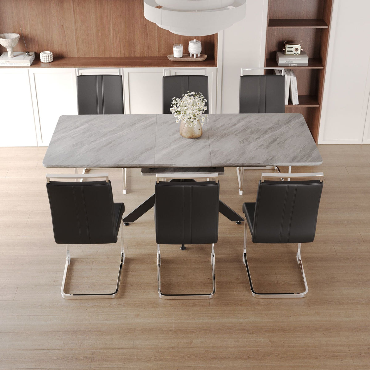 Modern Extendable Dining Table Set For 6 - 8 - Black / Gray
