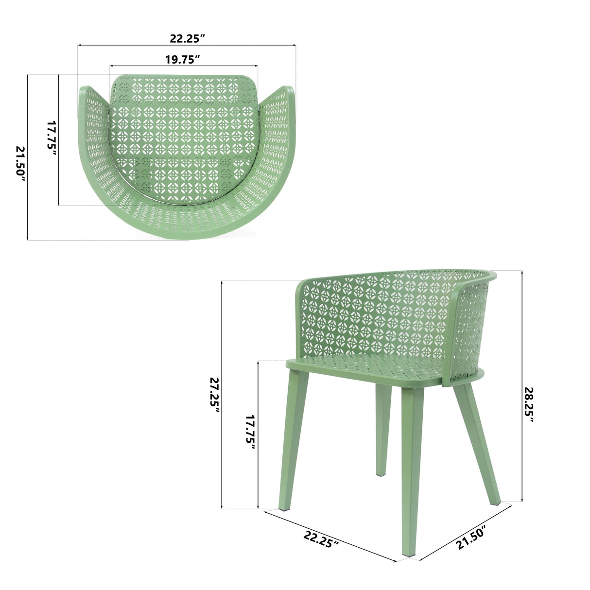 Milan Outdoor Dining Chair Set of 2 in Green Iron with Modern Design