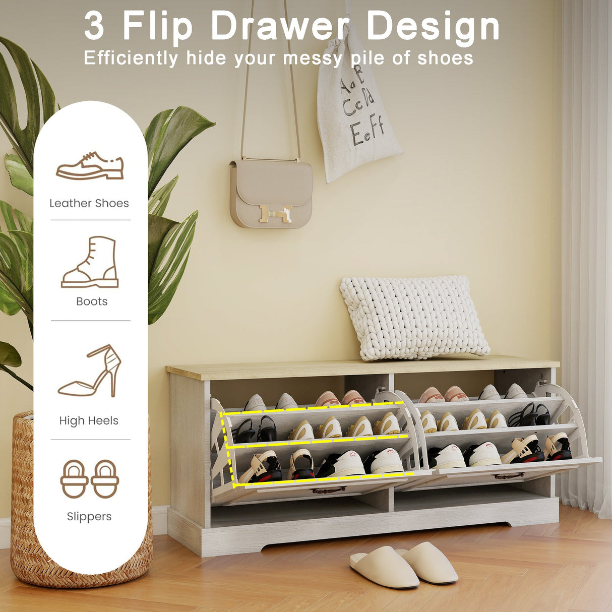 Shoe Storage Bench with 2 Flip Drawers and Adjustable Shelf - Antique