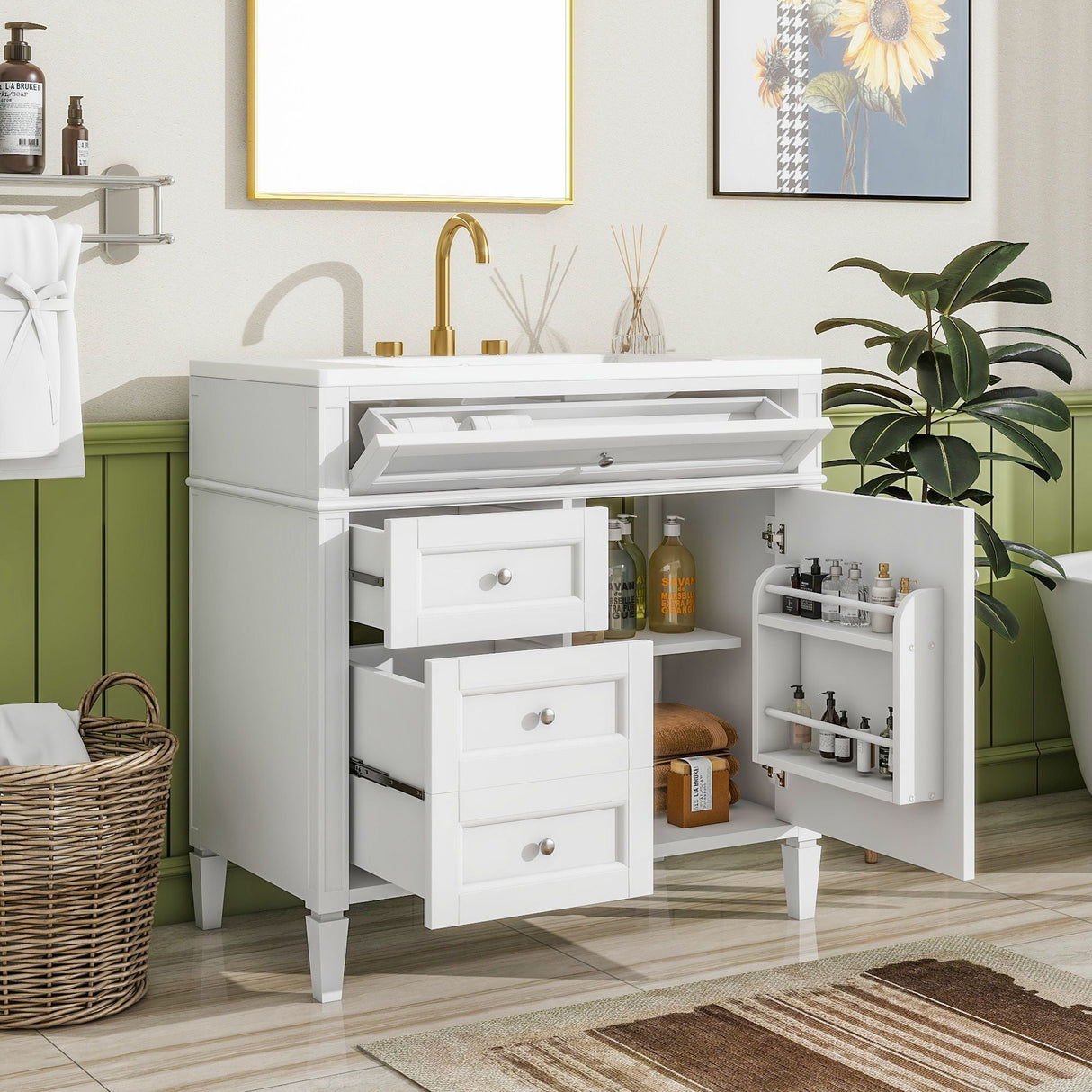 Bathroom Vanity With Top Sink, 2 Drawers and Tip Out Drawer