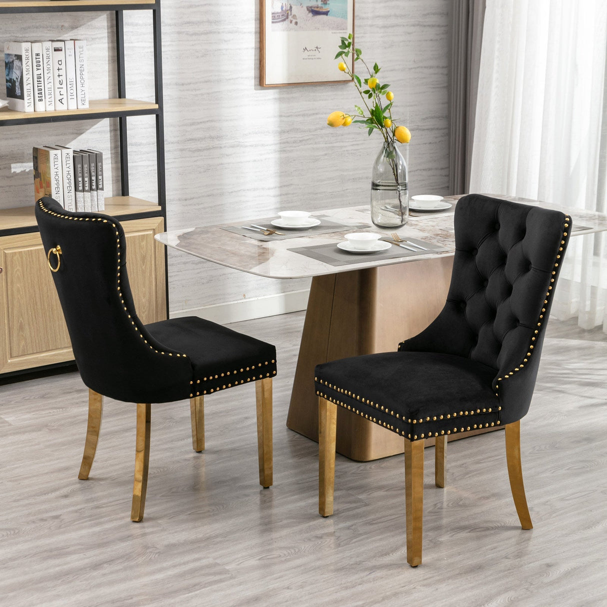 A&A Furniture,Nikki Collection Modern, High-end Tufted Solid Wood Contemporary Velvet Upholstered Dining Chair with Golden Stainless Steel Plating Legs,Nailhead Trim,Set of 2,Black and Gold, SW1601BK