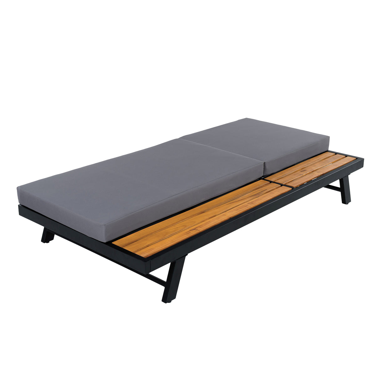 Black Iron + Teak Finish Chaise Lounge Set with Dark Grey Cushion