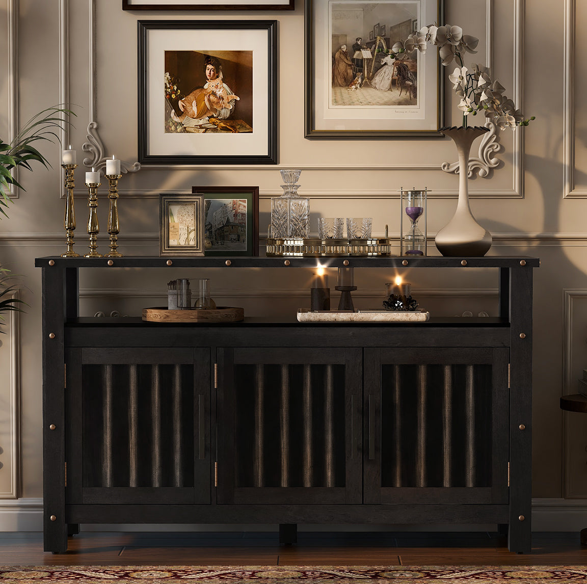 U_Styled 55.1'' Pine Wood Buffet Cabinet with 3-Door Storage