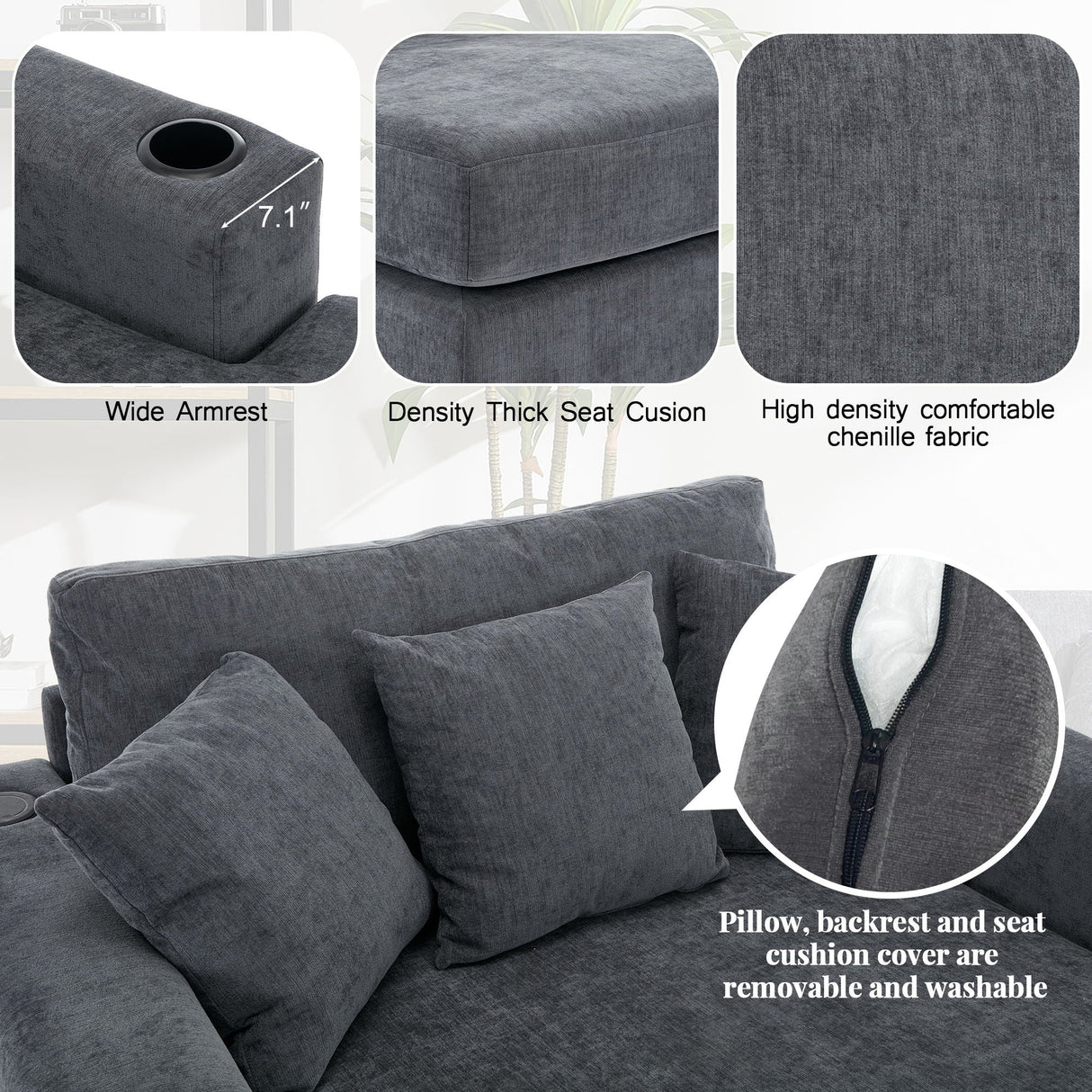 Oversized Chaise Lounger Modern Style Sofa Couch With Pillows, Charge Station & Cup Holders