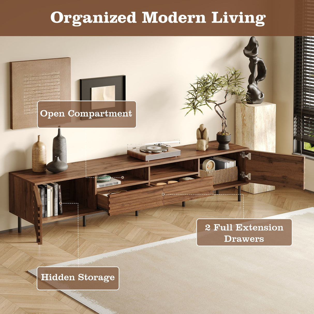 TV Stand For TVs Up To 85" With Closed Storage, Soft Closing Hinges - Walnut