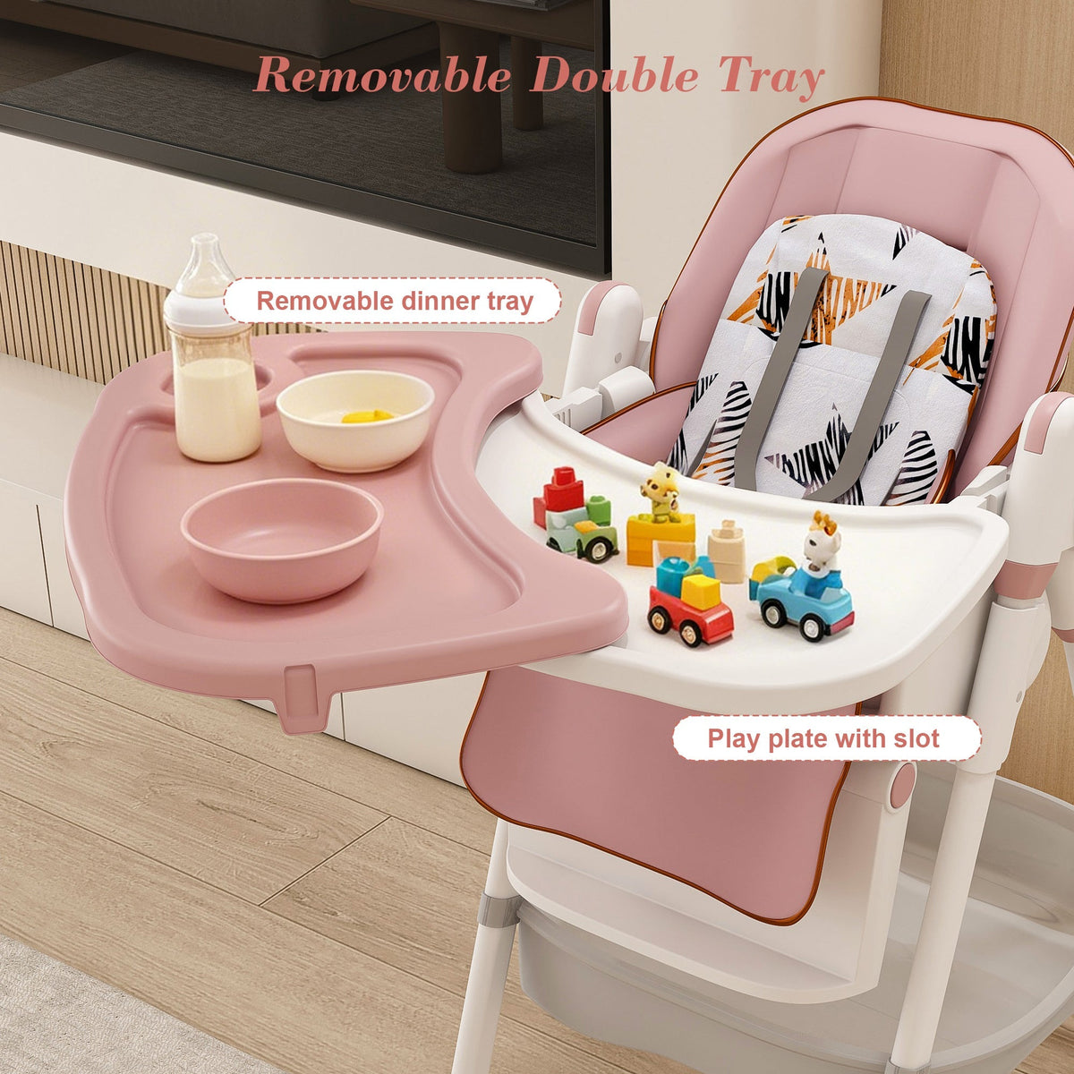 Adjustable Baby High Chair with Safety Belt and Lockable Wheels – Pink
