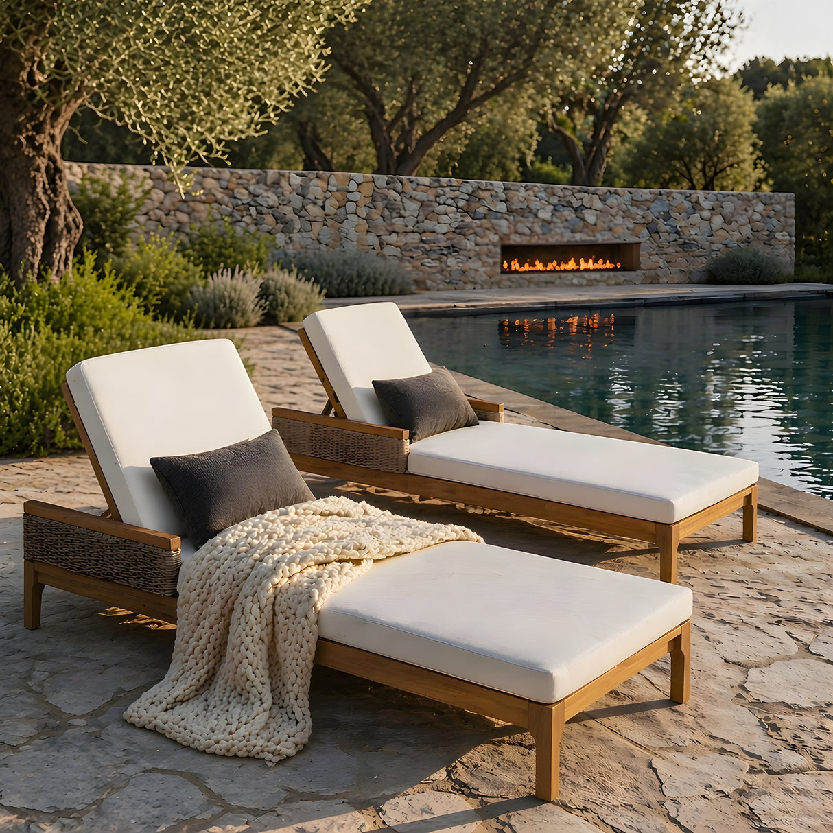 76.8' Solid Acacia Wood Sun Lounger Set of 2 with Cushions