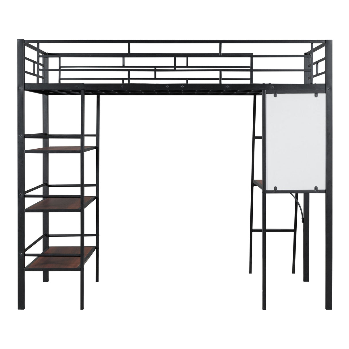Loft Metal Bed With 3 Layers Of Shelves And Desk, Stylish Metal Frame Bed With board