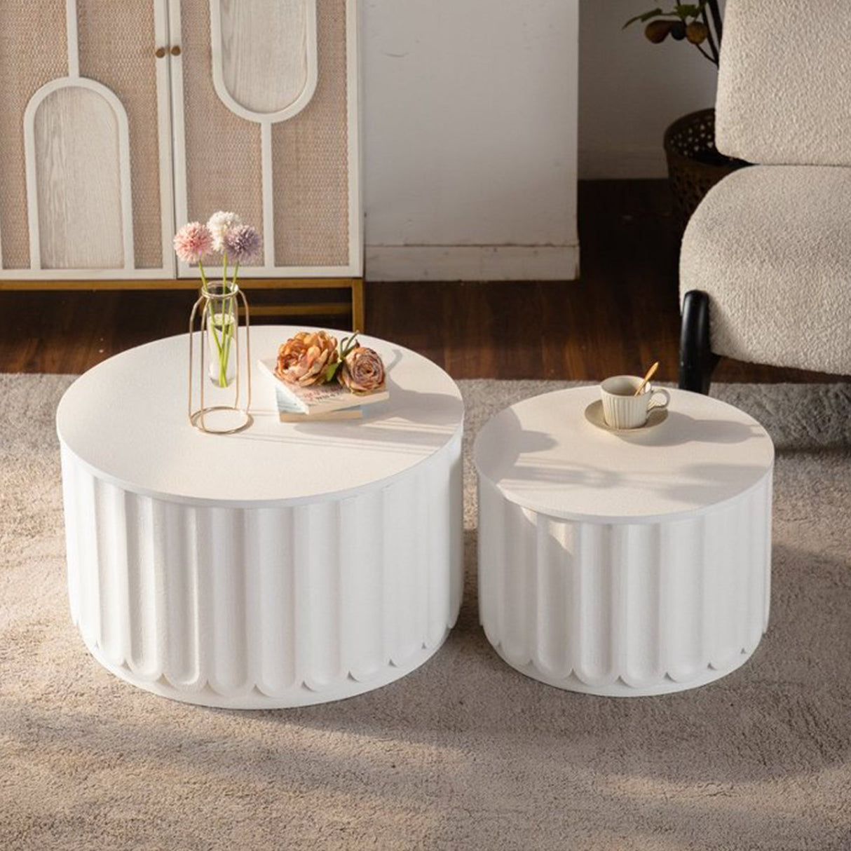 White Round Storage Table Set with Lift-Off Lid