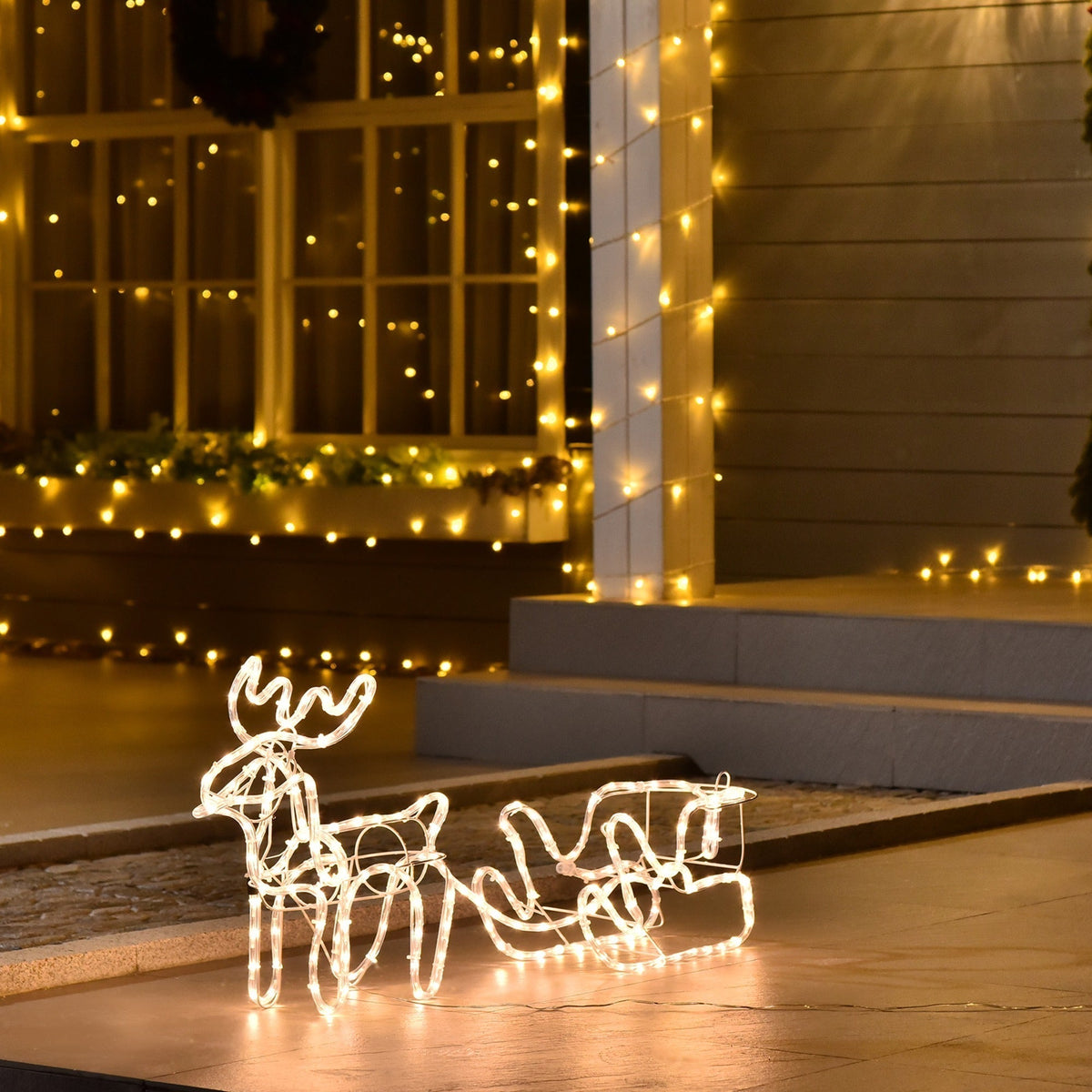 LED Reindeer Sleigh Outdoor Christmas Decoration with 192 Warm LED Lights - Steel