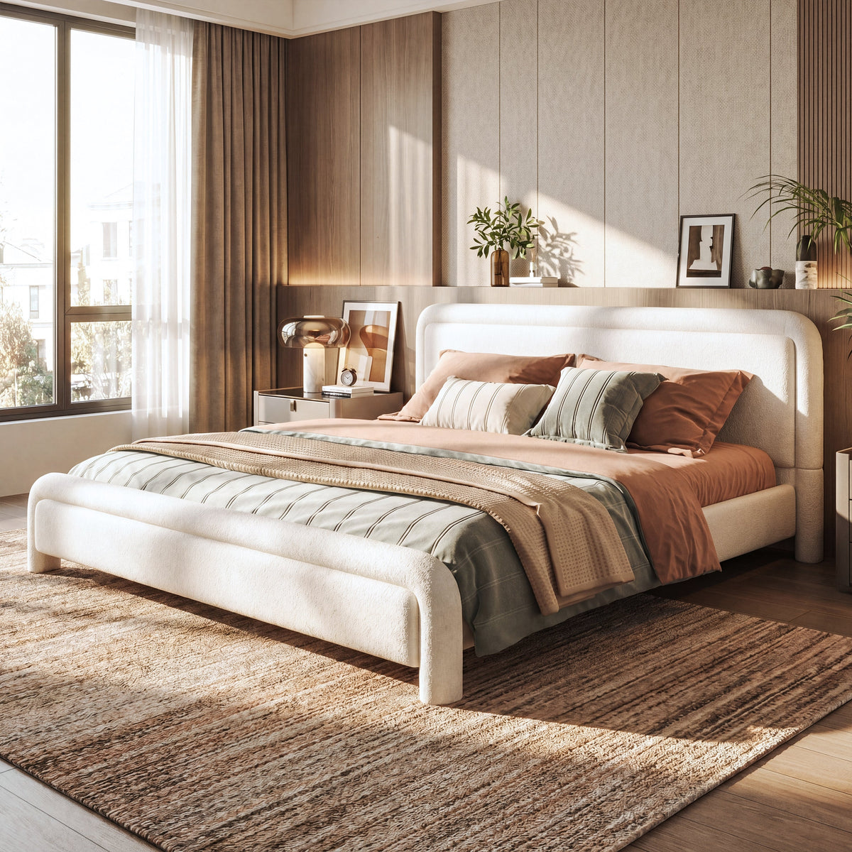 King Size Upholstered Platform Bed Frame with Curved Headboard