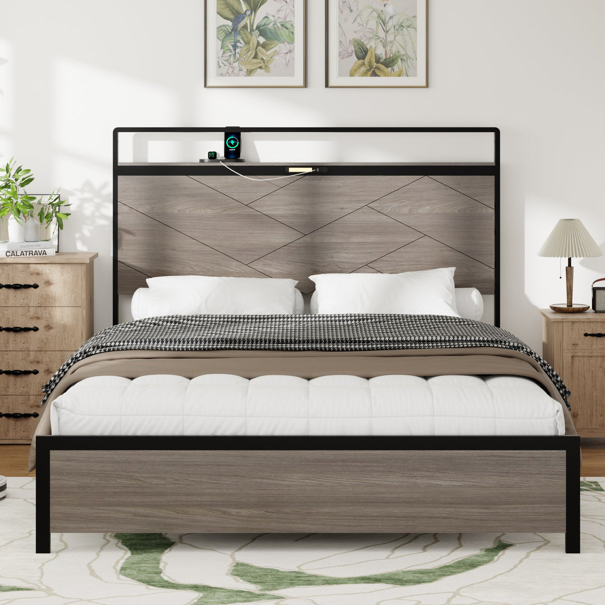 Antique Full Size Wooden Platform Bed Frame with LED Light Headboard