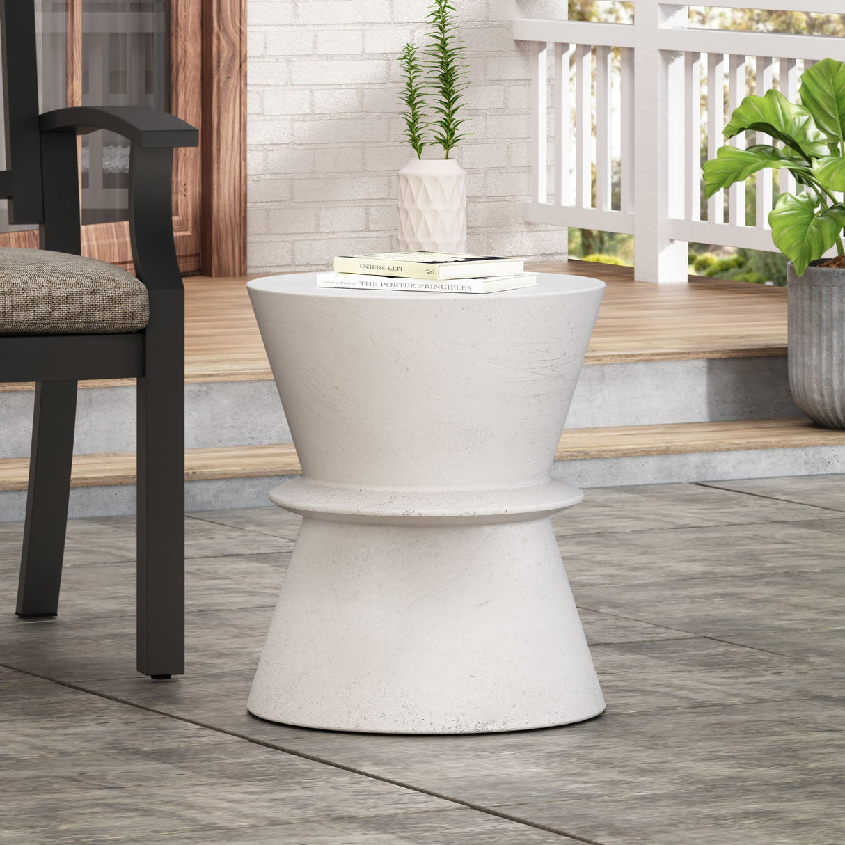 Outdoor Lightweight Concrete End Table with Hourglass Structure - Antique White