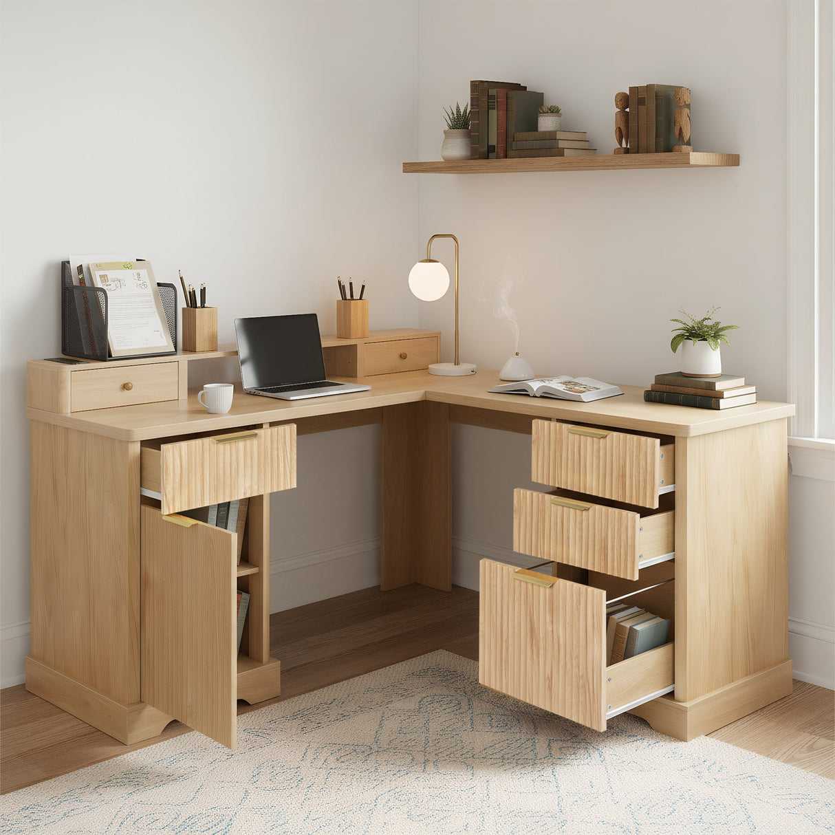 59" Modern Fluted L-Shaped Desk with Charging Station & Storage