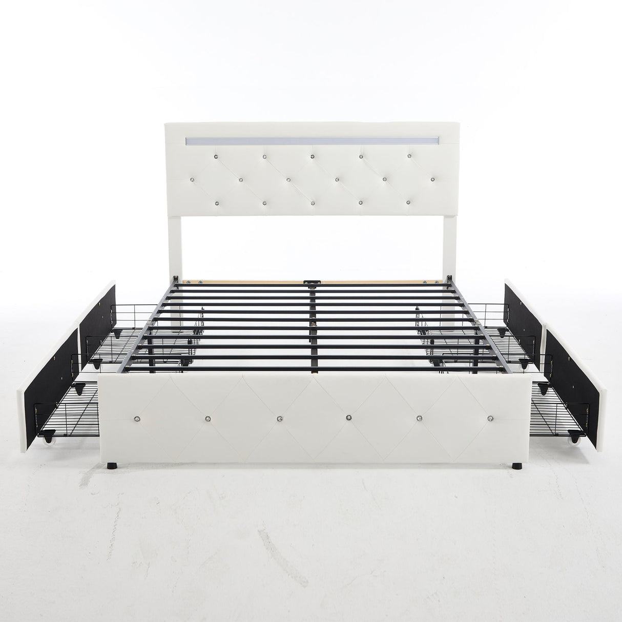Upholstered Bed Frame With LED Lights, 4 Storage Drawers, Charging Station
