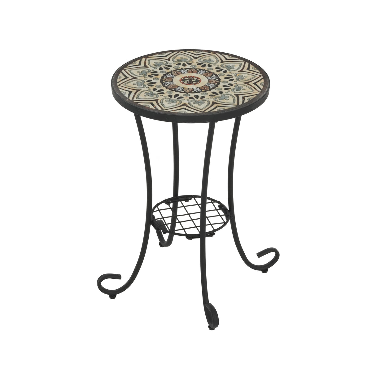 Ceramic Tile and Iron Patio Side Table with Shelf, Brown and Black
