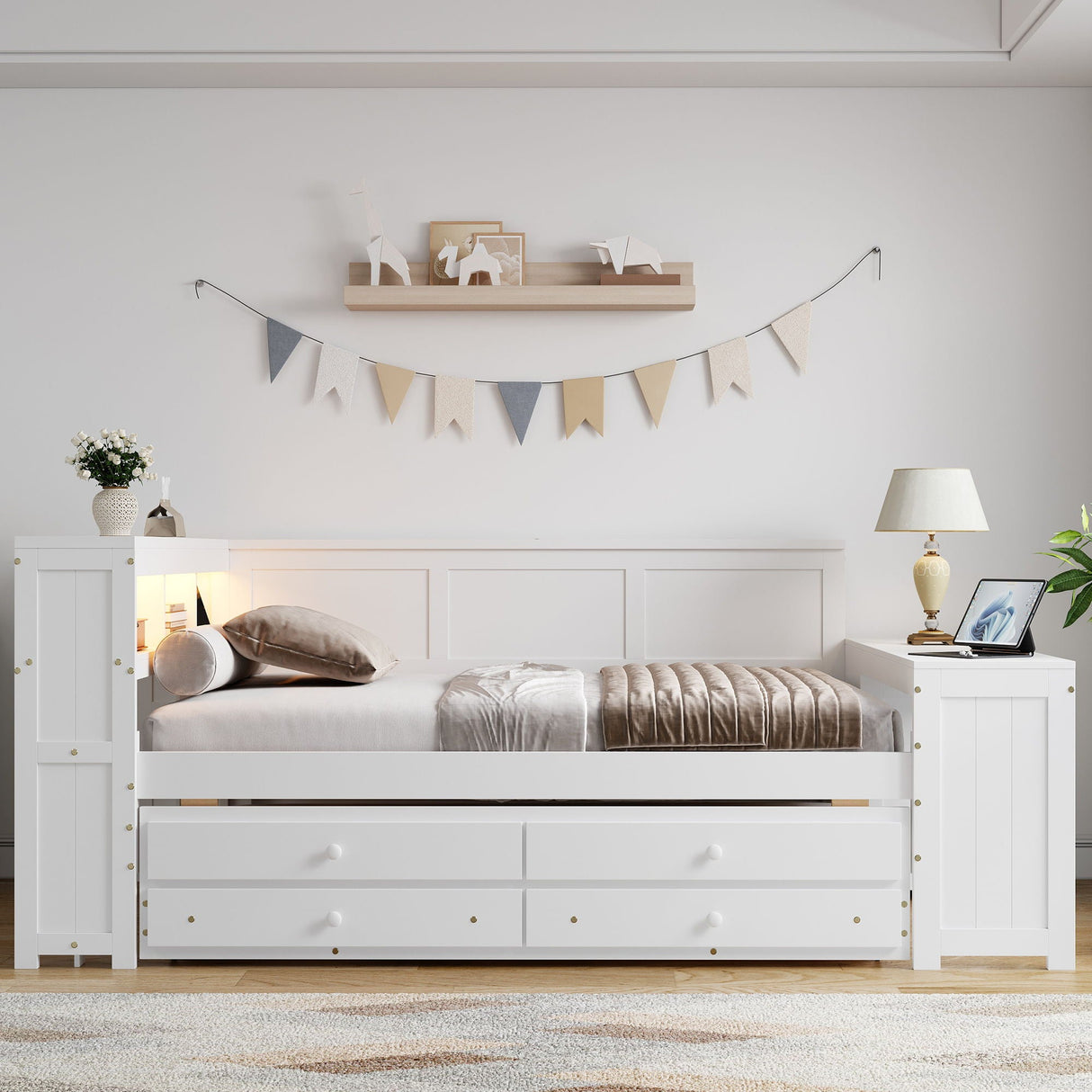 Daybed With Storage Shelves, Drawers, Trundle, Charging Station, LED Light, Desk And Cabinet