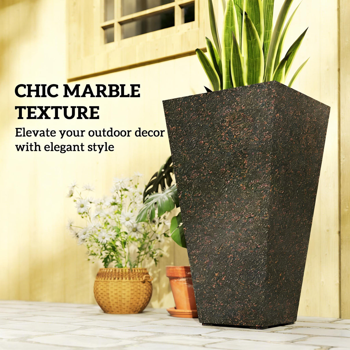 Set of 3 Tall Flower Pots with Marble Look Finish