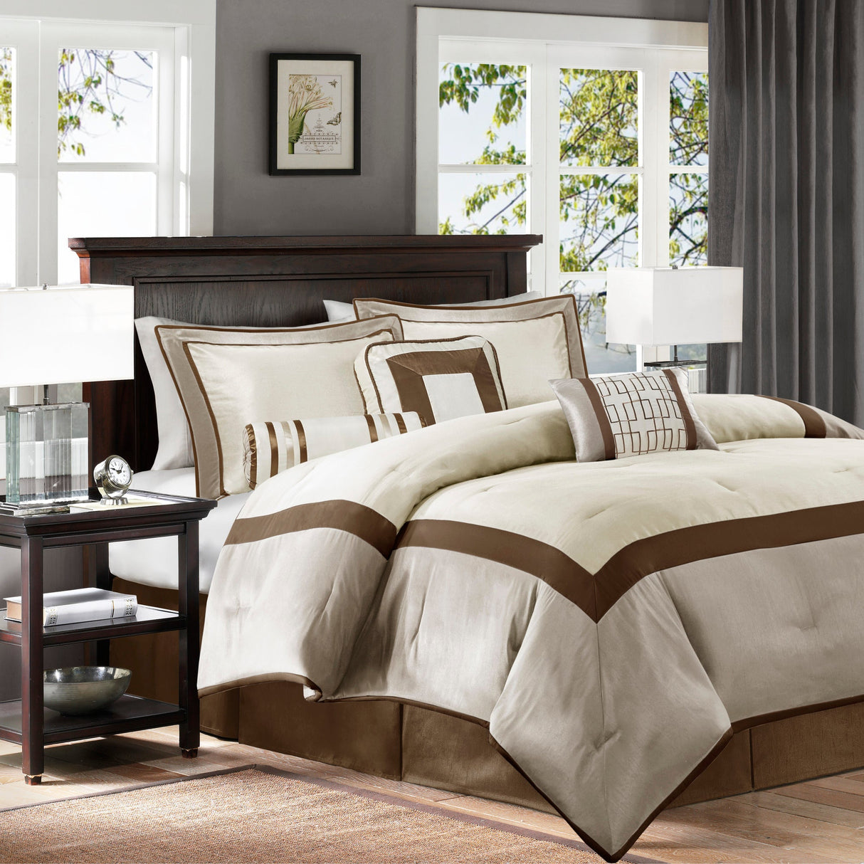 7 Piece Comforter Set Taupe/Brown Queen