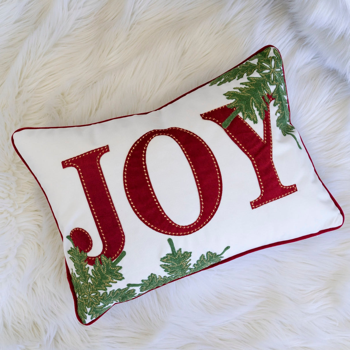JOY Embroidered Christmas Throw Pillow – 14x20 Velvet Lumbar Cushion