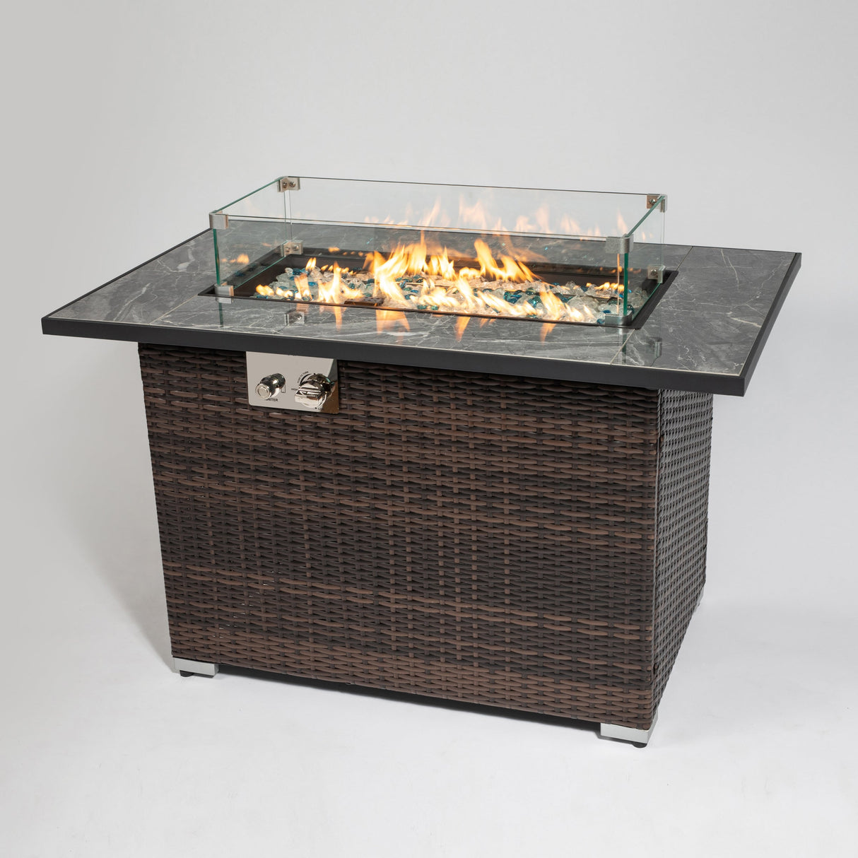 44' Propane Gas Fire Pit Table, 50000 BTU Rectangular Fire Pit, Tile Tabletop with Beautiful Wicker Base for Outside Patio Deck Garden Courtyard-Brown