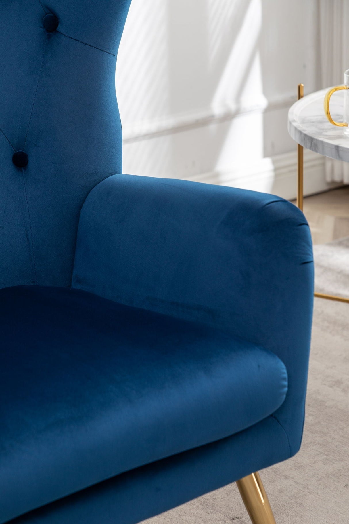 Sovarol - Velvet Button-Tufted Wing Back Accent Chair - Blue
