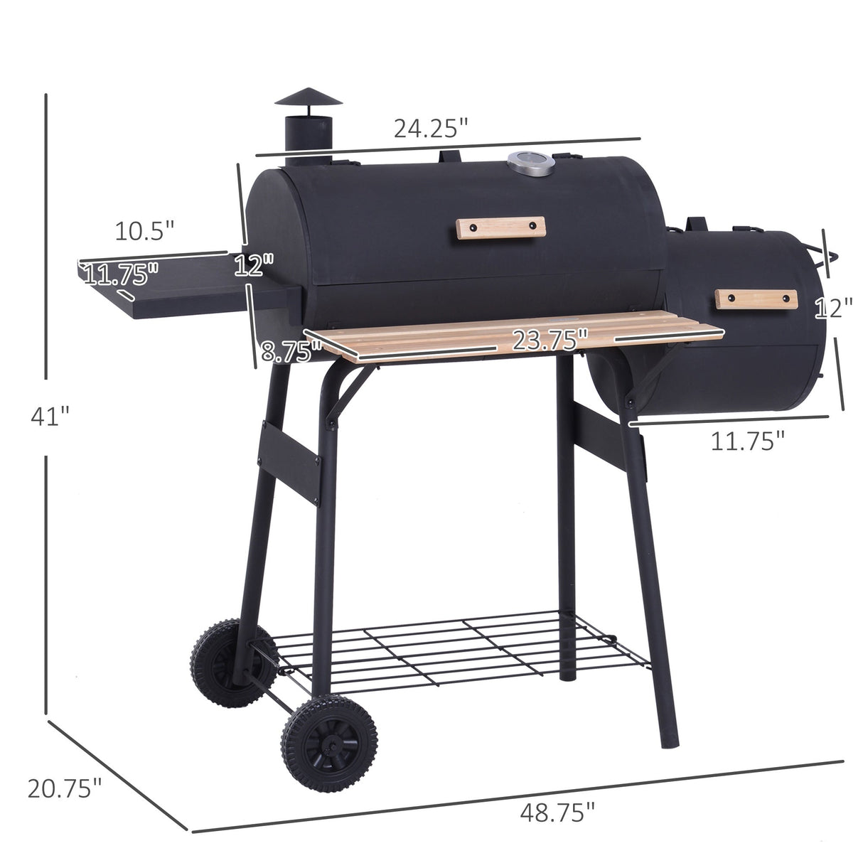 Outsunny 48-Inch Steel Portable Charcoal BBQ Grill and Offset Smoker Combo with Wheels