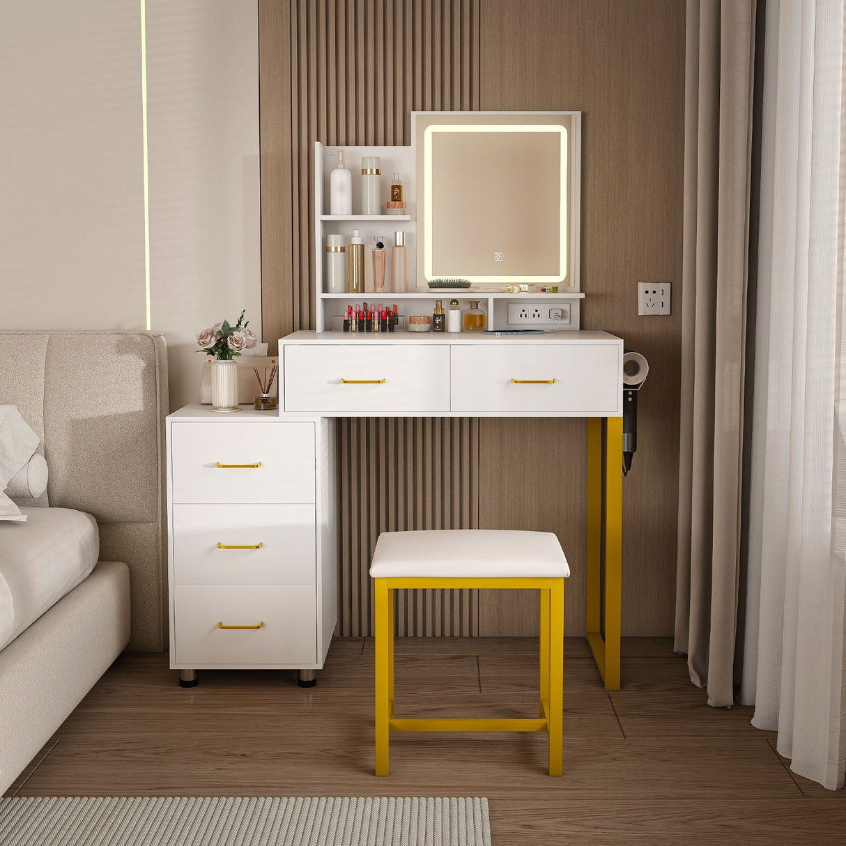 Elegant Makeup Vanity With Led Lights & Power Outlet - White