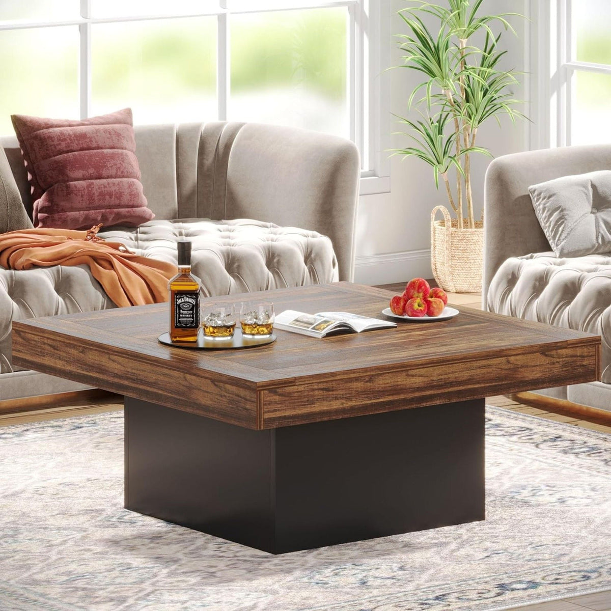 LED Coffee Table With Base, Center Table For Living Room - Rustic Brown