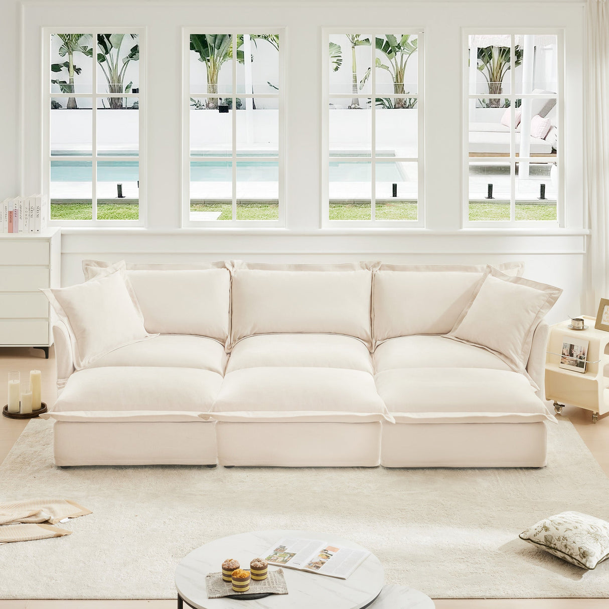 Oversized Chenille Living Room Sofa with 3 Ottomans