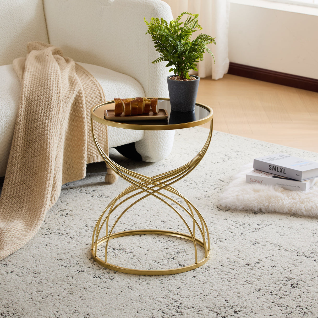 Modern Side Table with Golden Metal Frame and Black Mirror Top