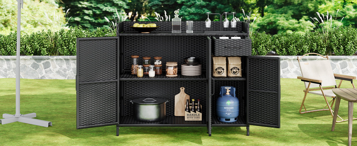 K&K 47.5"W Wicker Outdoor Storage Cabinet with Tempered Glass Desktop