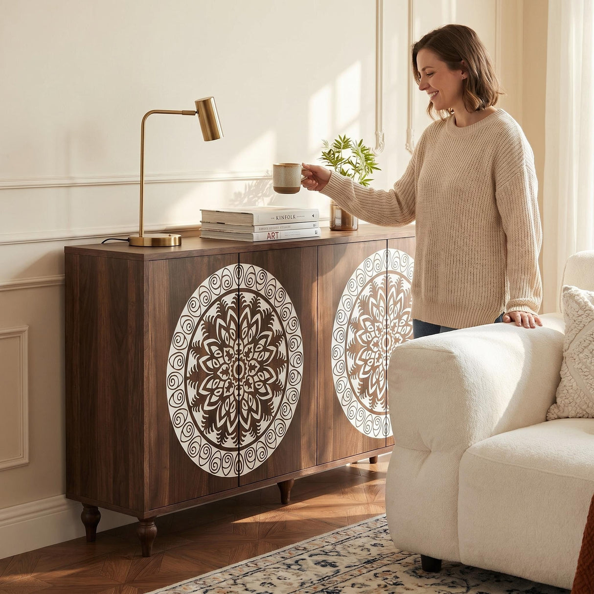 60" Vintage Mandala Carved Sideboard