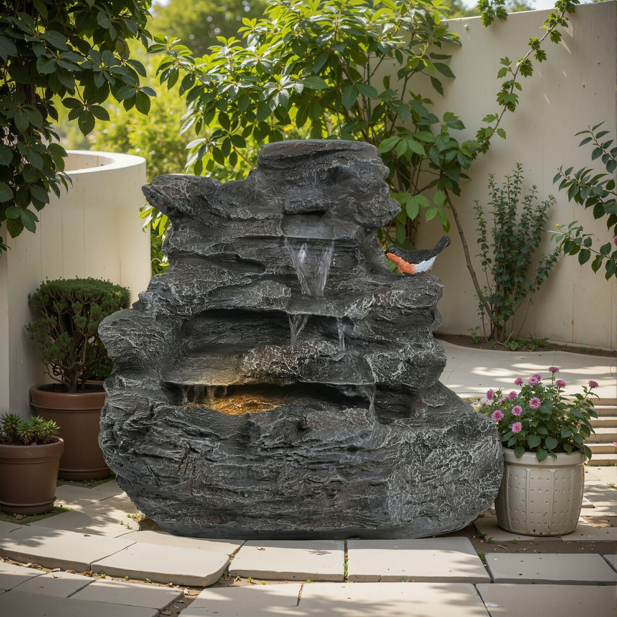4-Tiered Gray Concrete Rock Waterfall Fountain with LED Lights