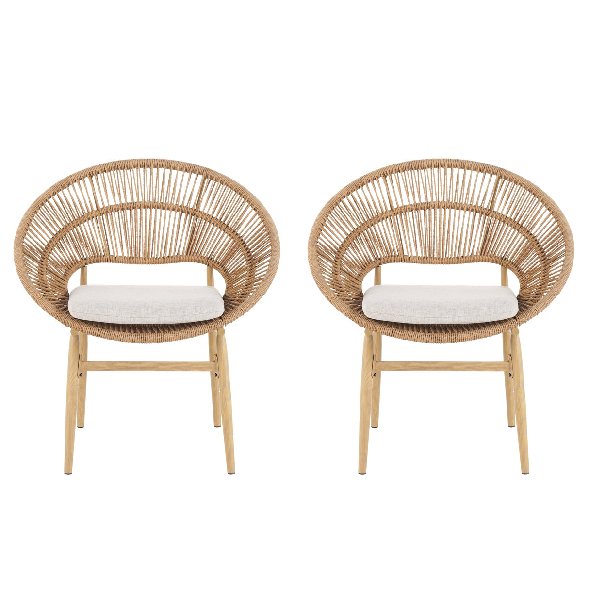 Cyril Outdoor Wicker Papasan Style Dining Chair with Teak Finished Legs, Light Brown Faux Rattan, Beige Cushion, Set of 2