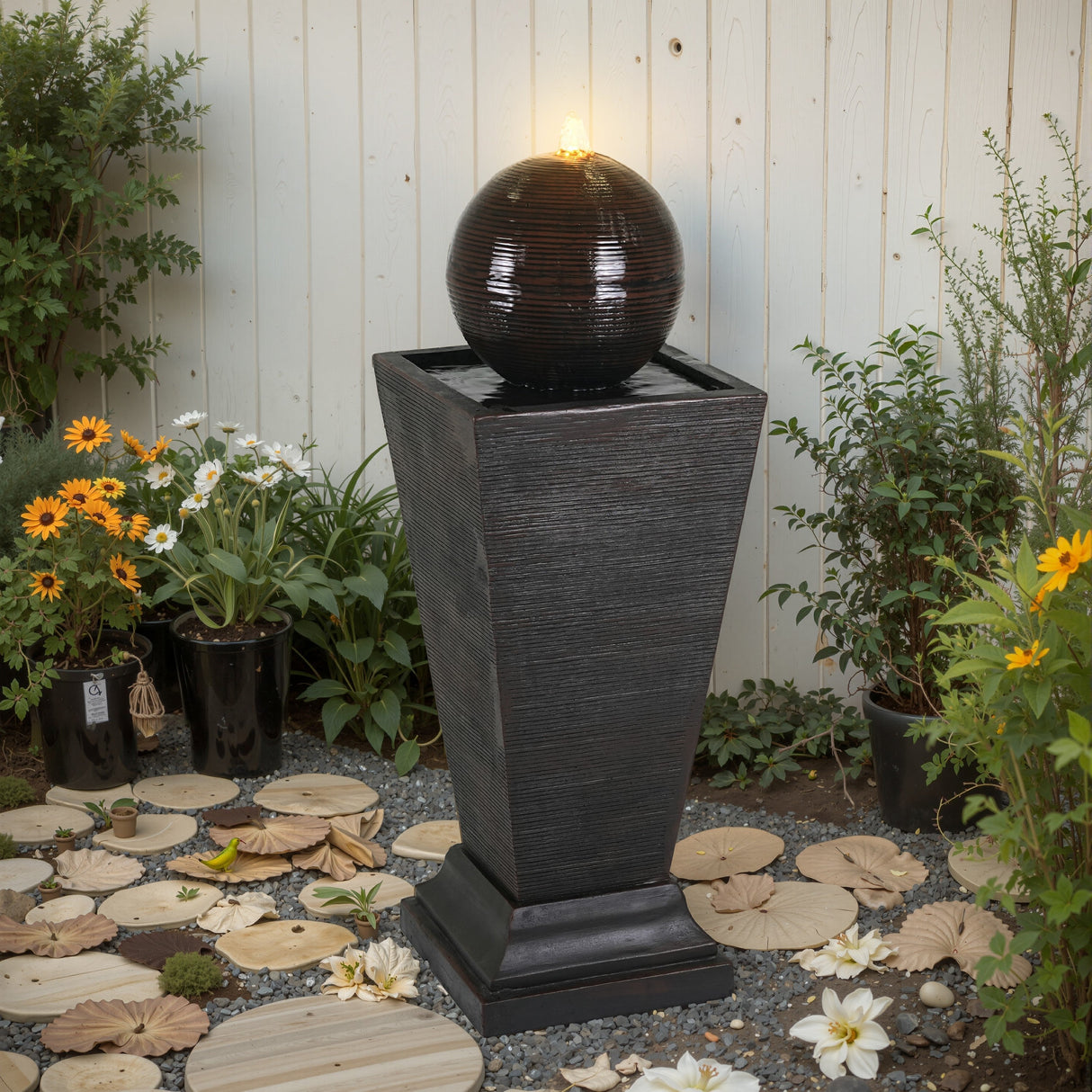 35.5" Dark Brown Concrete Tall Column Fountain with LED Lights