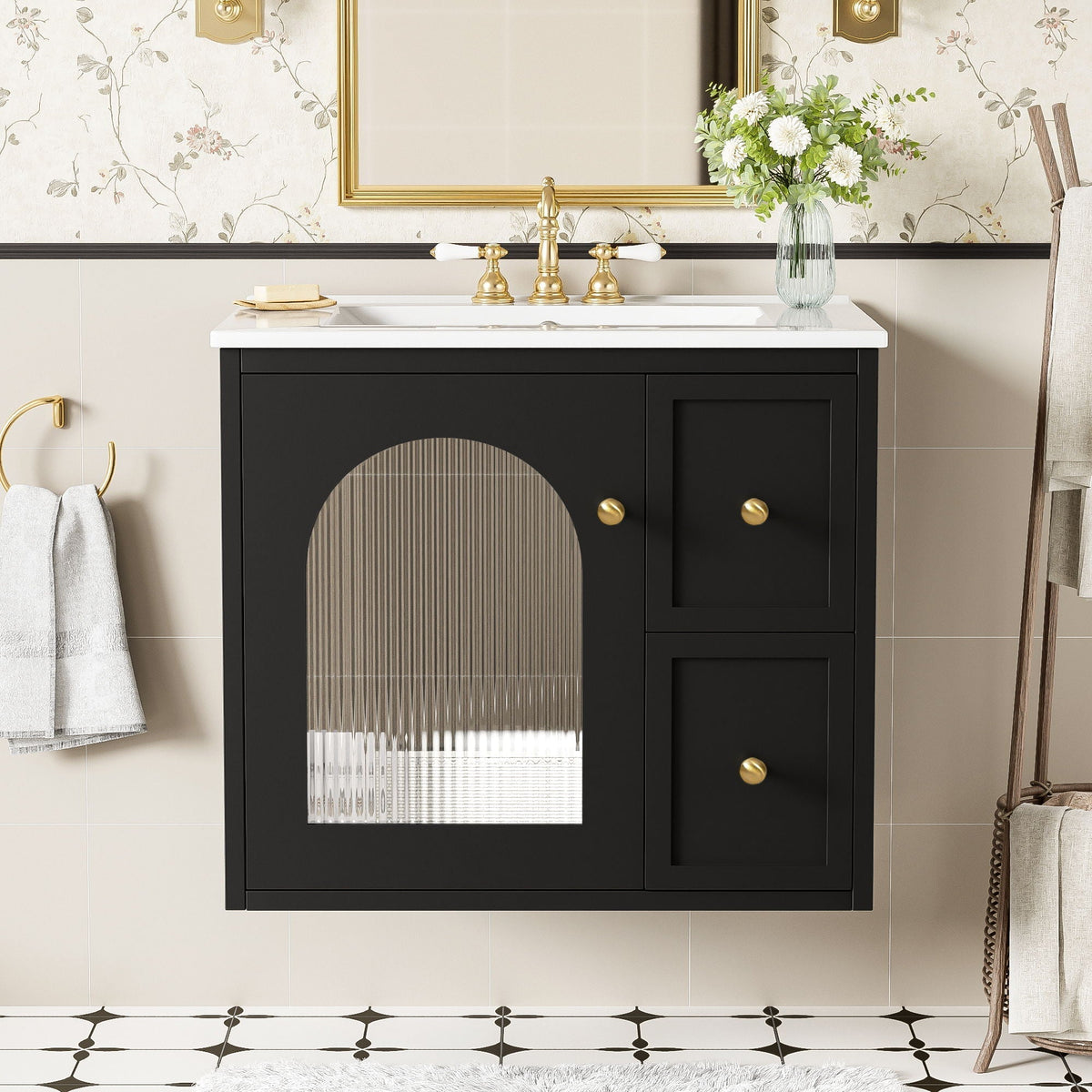 Wall-Mounted Bathroom Vanity Set with Ceramic Sink and Soft-Close Drawers - Black, Beige, or White